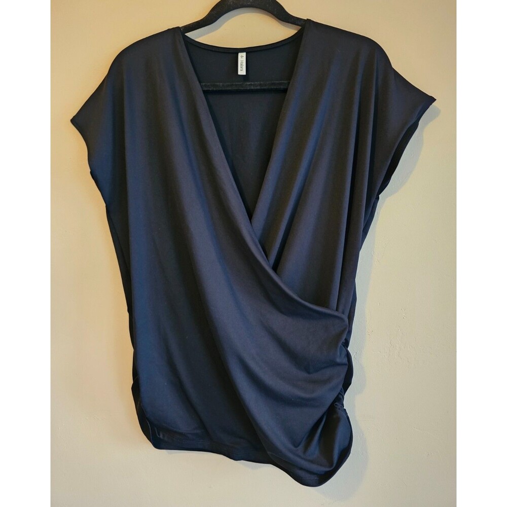 Halara V-Neck Cap-Sleeve Crossover Ruched Solid Work Blouse SHIRT Black Med
